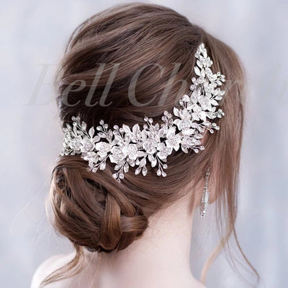 ヘッドドレス フラワーリーフ ビジュー シルバー (BC-H15)｜ウェディングアクセサリー【結婚式　アクセサリー　ヘッドドレス　ヘアアクセサリー】
