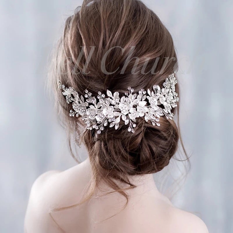 ヘッドドレス フラワーリーフ ビジュー シルバー (BC-H15)｜ウェディングアクセサリー【結婚式　アクセサリー　ヘッドドレス　ヘアアクセサリー】