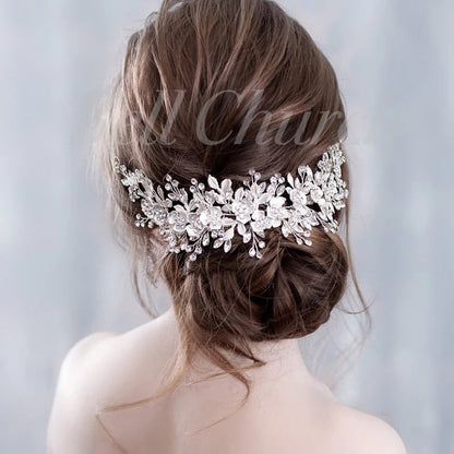 ヘッドドレス フラワーリーフ ビジュー シルバー (BC-H15)｜ウェディングアクセサリー【結婚式　アクセサリー　ヘッドドレス　ヘアアクセサリー】