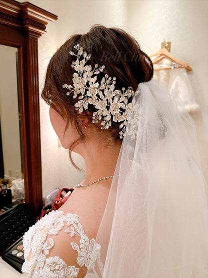ヘッドドレス フラワーリーフ ビジュー シルバー (BC-H15)｜ウェディングアクセサリー【結婚式　アクセサリー　ヘッドドレス　ヘアアクセサリー】