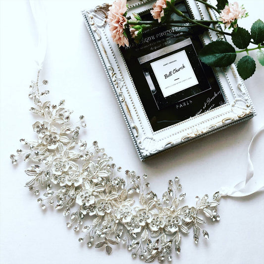 ヘッドドレス フラワーリーフ ビジュー シルバー (BC-H15)｜ウェディングアクセサリー【結婚式　アクセサリー　ヘッドドレス　ヘアアクセサリー】