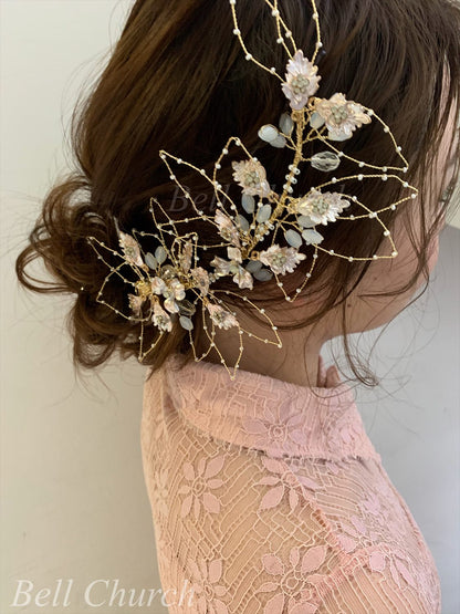 ヘッドドレス｜リーフ(葉っぱ) モチーフ & フラワー(お花)｜ゴールド (BC-H16)｜ウェディングアクセサリー【結婚式　アクセサリー　ヘッドドレス　ヘアアクセサリー】