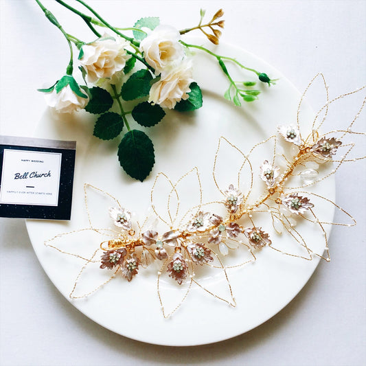 ヘッドドレス｜リーフ(葉っぱ) モチーフ & フラワー(お花)｜ゴールド (BC-H16)｜ウェディングアクセサリー【結婚式　アクセサリー　ヘッドドレス　ヘアアクセサリー】