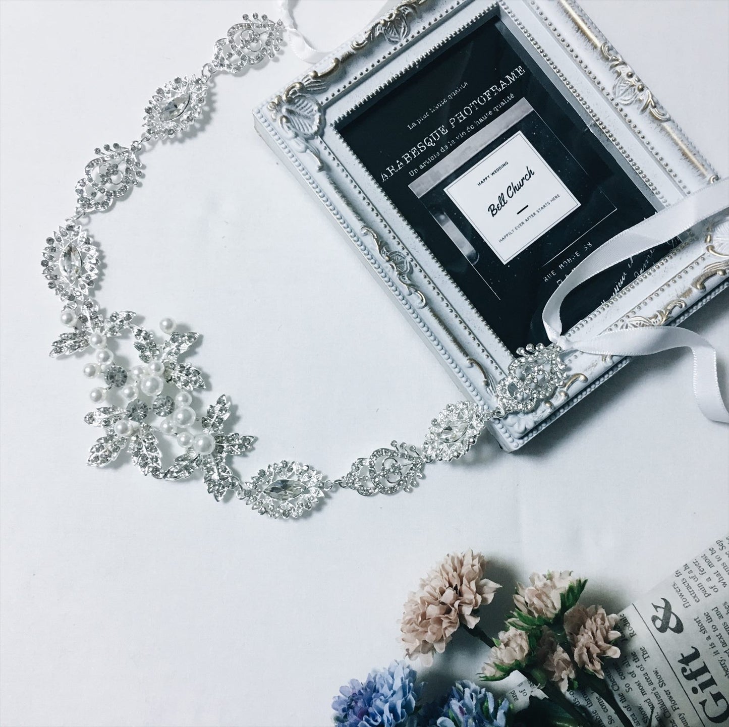 リボンカチューム パール & ビジュー シルバー (BC-H18)｜ウェディングカチューム【結婚式　アクセサリー　ヘッドドレス　ヘアアクセサリー】