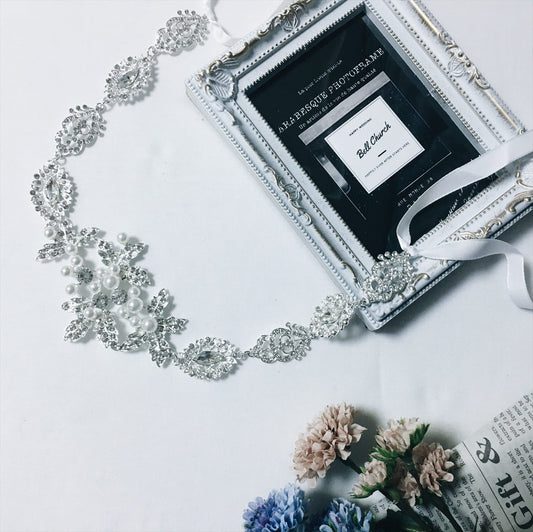 リボンカチューム パール & ビジュー シルバー (BC-H18)｜ウェディングカチューム【結婚式　アクセサリー　ヘッドドレス　ヘアアクセサリー】