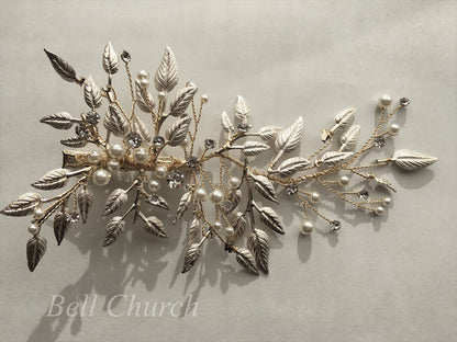 ヘッドドレス パール リーフチャーム シルバー (BC-H20)｜ウェディングアクセサリー【結婚式　アクセサリー　ヘッドドレス　ヘアアクセサリー】