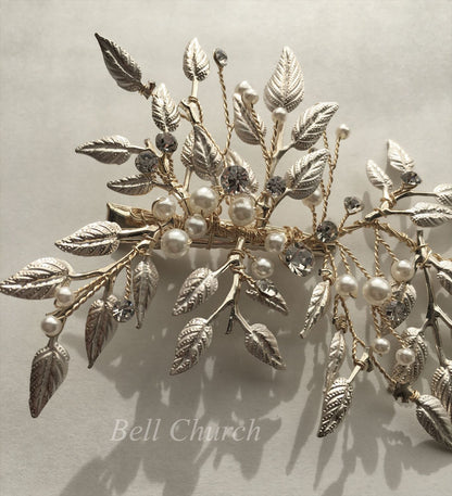 ヘッドドレス パール リーフチャーム シルバー (BC-H20)｜ウェディングアクセサリー【結婚式　アクセサリー　ヘッドドレス　ヘアアクセサリー】