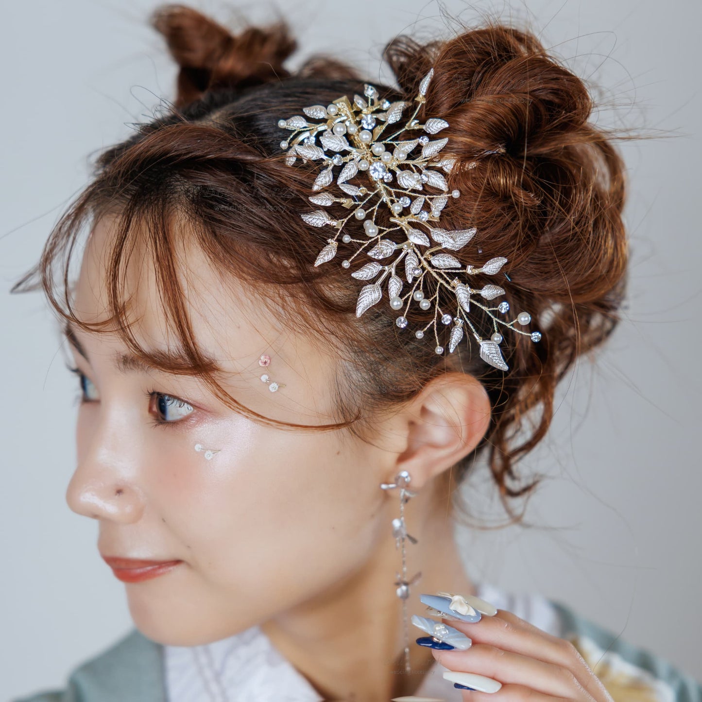 ヘッドドレス パール リーフチャーム シルバー (BC-H20)｜ウェディングアクセサリー【結婚式　アクセサリー　ヘッドドレス　ヘアアクセサリー】