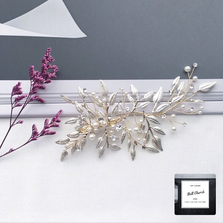 ヘッドドレス パール リーフチャーム シルバー (BC-H20)｜ウェディングアクセサリー【結婚式　アクセサリー　ヘッドドレス　ヘアアクセサリー】