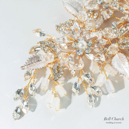 ヘアコーム | 小枝アクセサリー | お花モチーフ | ジルコニア | ゴールド | (BC-H44)【結婚式　アクセサリー　ヘッドドレス　ヘアアクセサリー】