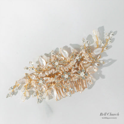 ヘアコーム | 小枝アクセサリー | お花モチーフ | ジルコニア | ゴールド | (BC-H44)【結婚式　アクセサリー　ヘッドドレス　ヘアアクセサリー】