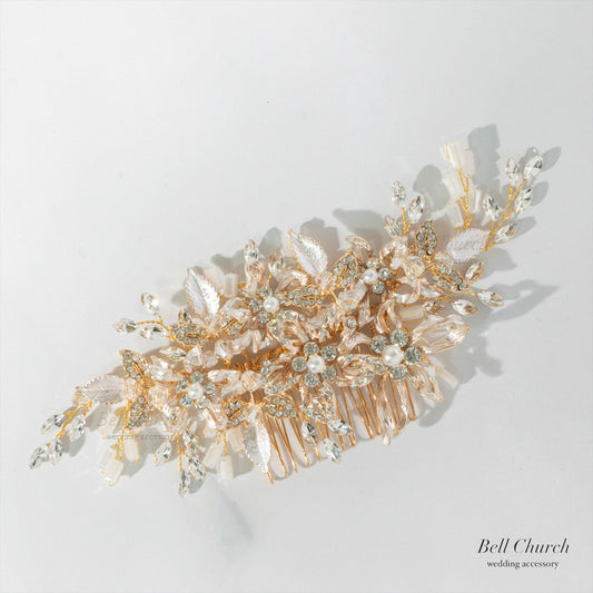 ヘアコーム | 小枝アクセサリー | お花モチーフ | ジルコニア | ゴールド | (BC-H44)【結婚式　アクセサリー　ヘッドドレス　ヘアアクセサリー】