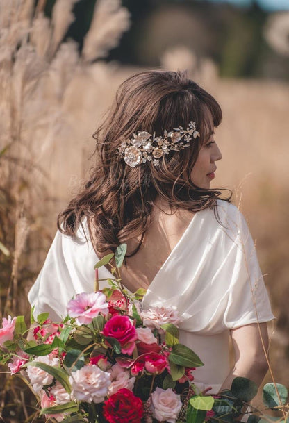 ヘッドドレス  お花モチーフ ビジュー シャンパンゴールド(BC-H22)｜ウェディングアクセサリー【結婚式　アクセサリー　ヘッドドレス　ヘアアクセサリー】