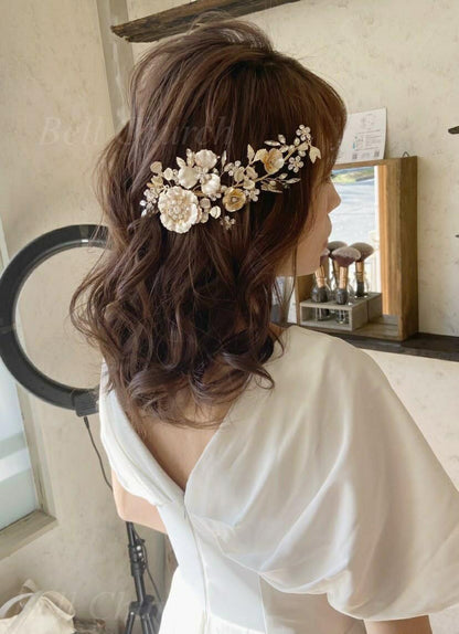 ヘッドドレス  お花モチーフ ビジュー シャンパンゴールド(BC-H22)｜ウェディングアクセサリー【結婚式　アクセサリー　ヘッドドレス　ヘアアクセサリー】