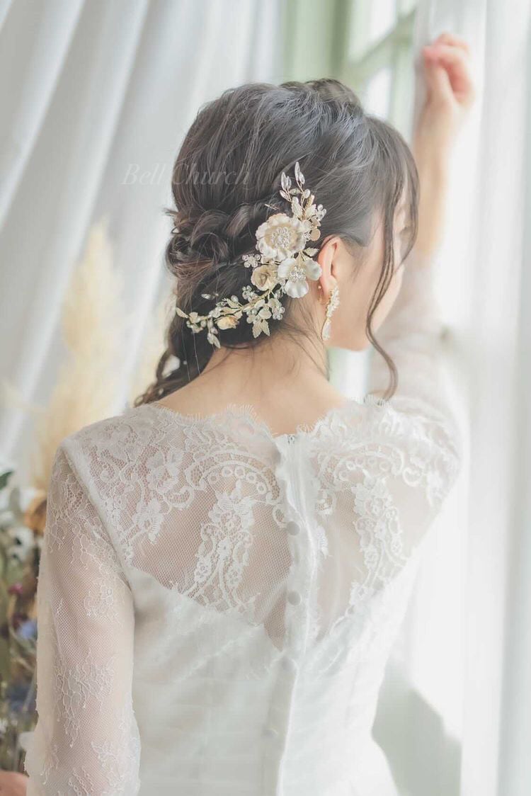 ヘッドドレス  お花モチーフ ビジュー シャンパンゴールド(BC-H22)｜ウェディングアクセサリー【結婚式　アクセサリー　ヘッドドレス　ヘアアクセサリー】