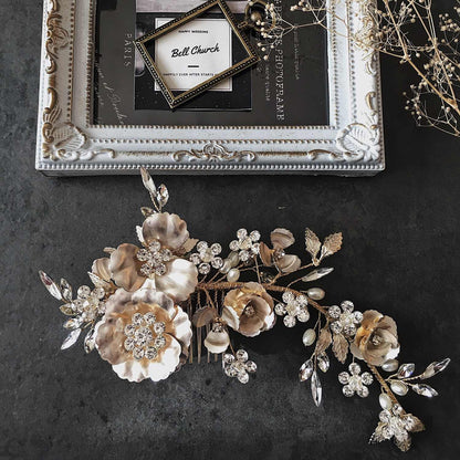 ヘッドドレス  お花モチーフ ビジュー シャンパンゴールド(BC-H22)｜ウェディングアクセサリー【結婚式　アクセサリー　ヘッドドレス　ヘアアクセサリー】