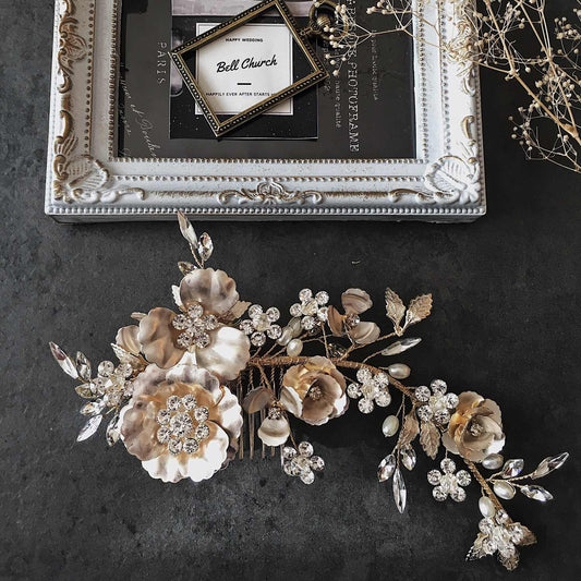 ヘッドドレス  お花モチーフ ビジュー シャンパンゴールド(BC-H22)｜ウェディングアクセサリー【結婚式　アクセサリー　ヘッドドレス　ヘアアクセサリー】