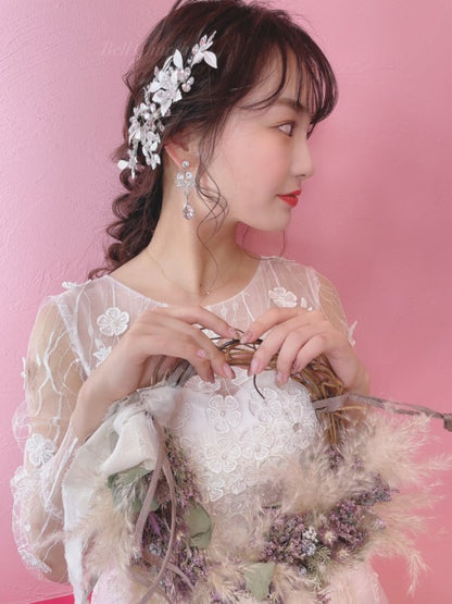 ヘッドドレス お花モチーフ ヘアクリップ シルバー (BC-H23)｜ウェディングアクセサリー【結婚式　アクセサリー　ヘッドドレス　ヘアアクセサリー】