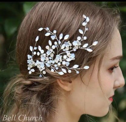 小枝ヘッドドレス ヘアクリップ ビジューとクリスタル お花モチーフ シルバー (BC-H24)｜ウェディングアクセサリー【結婚式　アクセサリー　ヘッドドレス　ヘアアクセサリー】