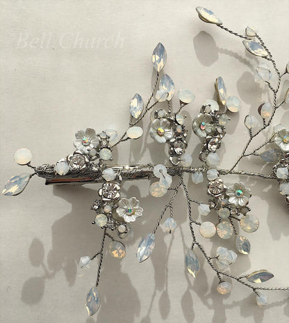 小枝ヘッドドレス ヘアクリップ ビジューとクリスタル お花モチーフ シルバー (BC-H24)｜ウェディングアクセサリー【結婚式　アクセサリー　ヘッドドレス　ヘアアクセサリー】