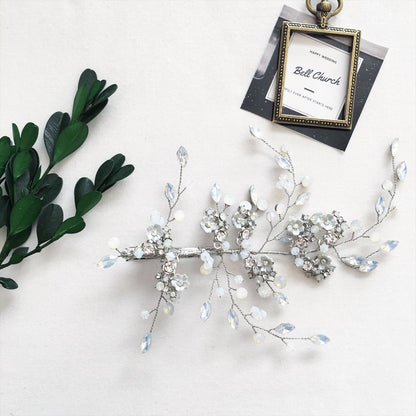 小枝ヘッドドレス ヘアクリップ ビジューとクリスタル お花モチーフ シルバー (BC-H24)｜ウェディングアクセサリー【結婚式　アクセサリー　ヘッドドレス　ヘアアクセサリー】