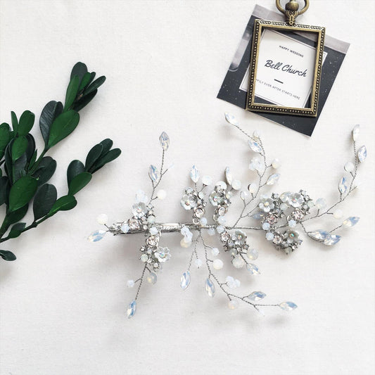 小枝ヘッドドレス ヘアクリップ ビジューとクリスタル お花モチーフ シルバー (BC-H24)｜ウェディングアクセサリー【結婚式　アクセサリー　ヘッドドレス　ヘアアクセサリー】