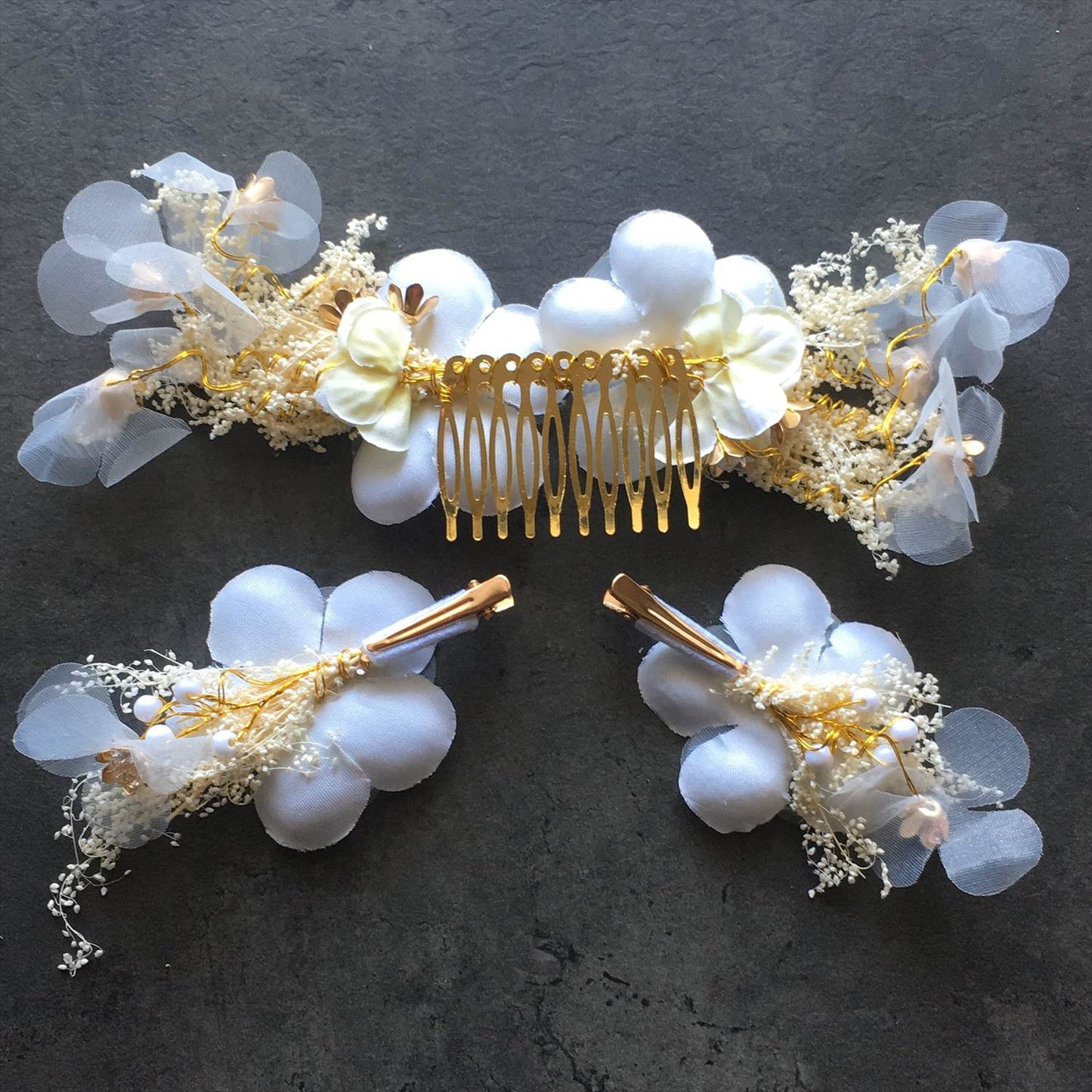 ヘアアクセサリー シルクフラワー ドライフラワー  (3つセット) (BC-H34)｜ウェディングアクセサリー【結婚式　アクセサリー　ヘッドドレス　ヘアアクセサリー】