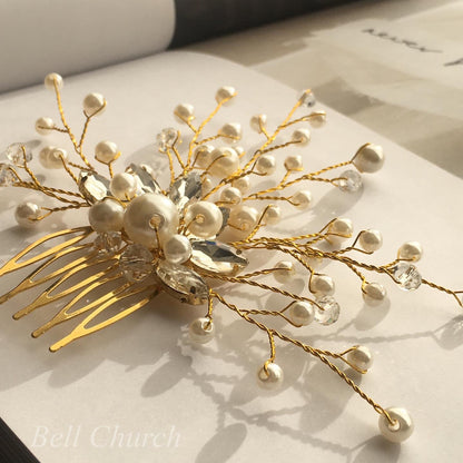 コーム 小枝アクセサリー パール ゴールド (BC-H36)｜ウェディングアクセサリー【結婚式　アクセサリー　ヘッドドレス　ヘアアクセサリー】