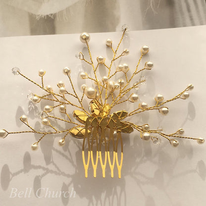 コーム 小枝アクセサリー パール ゴールド (BC-H36)｜ウェディングアクセサリー【結婚式　アクセサリー　ヘッドドレス　ヘアアクセサリー】