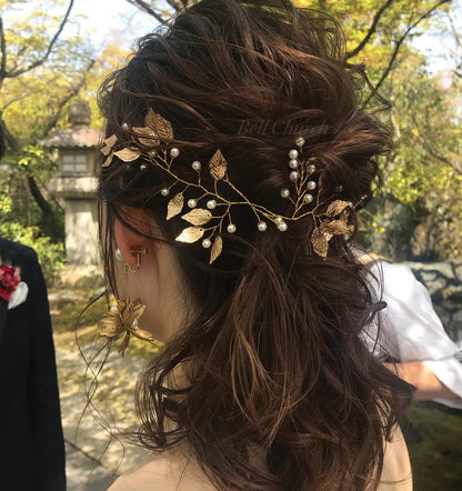 小枝アクセサリー パール リーフモチーフ ゴールド (BC-H37)｜ウェディングアクセサリー【結婚式　アクセサリー　ヘッドドレス　ヘアアクセサリー】