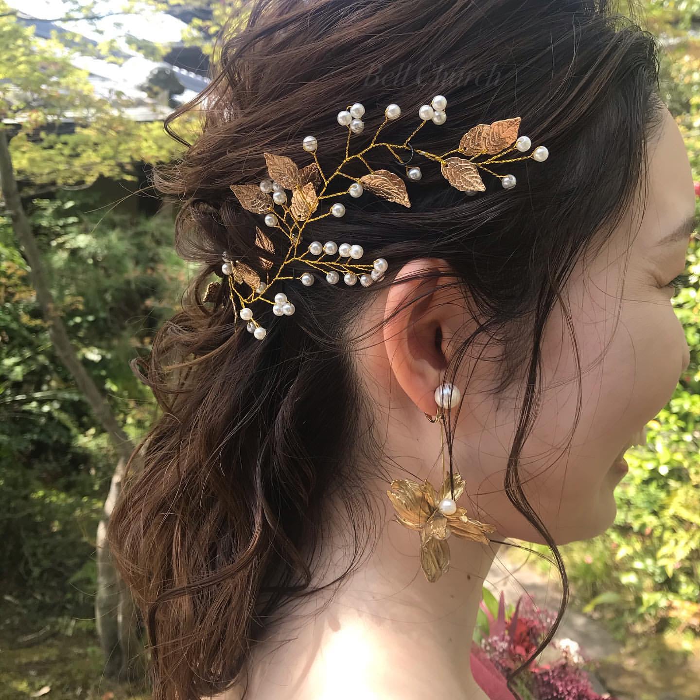 小枝アクセサリー パール リーフモチーフ ゴールド (BC-H37)｜ウェディングアクセサリー【結婚式　アクセサリー　ヘッドドレス　ヘアアクセサリー】