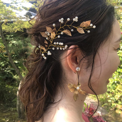小枝アクセサリー パール リーフモチーフ ゴールド (BC-H37)｜ウェディングアクセサリー【結婚式　アクセサリー　ヘッドドレス　ヘアアクセサリー】