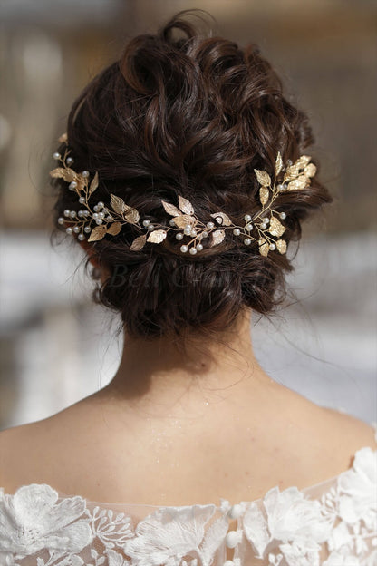 小枝アクセサリー パール リーフモチーフ ゴールド (BC-H37)｜ウェディングアクセサリー【結婚式　アクセサリー　ヘッドドレス　ヘアアクセサリー】