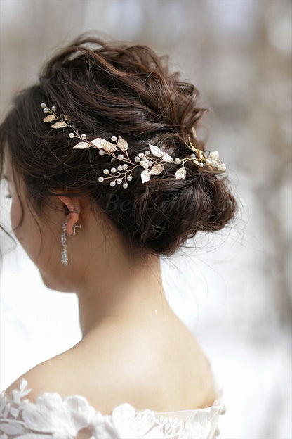 小枝アクセサリー パール リーフモチーフ ゴールド (BC-H37)｜ウェディングアクセサリー【結婚式　アクセサリー　ヘッドドレス　ヘアアクセサリー】