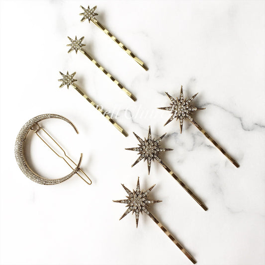 星 月 モチーフ ヘアピン 7本セット｜アンティークゴールド｜ビジュー　(BC-H41)｜ウェディングアクセサリー【結婚式　アクセサリー　ヘッドドレス　ヘアアクセサリー】