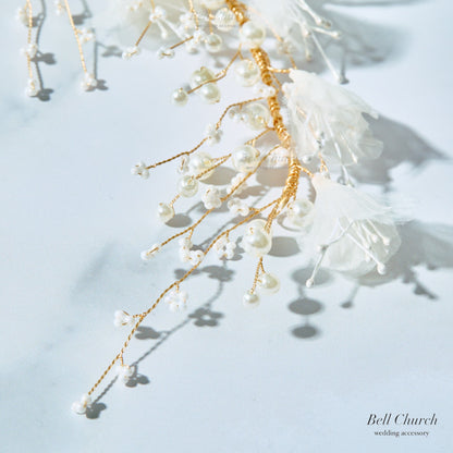シフォンフラワー パール ヘアアクセサリー｜ホワイト ゴールド (BC-H43)｜ブライダルアクセサリー【結婚式　アクセサリー　ヘッドドレス　ヘアアクセサリー】