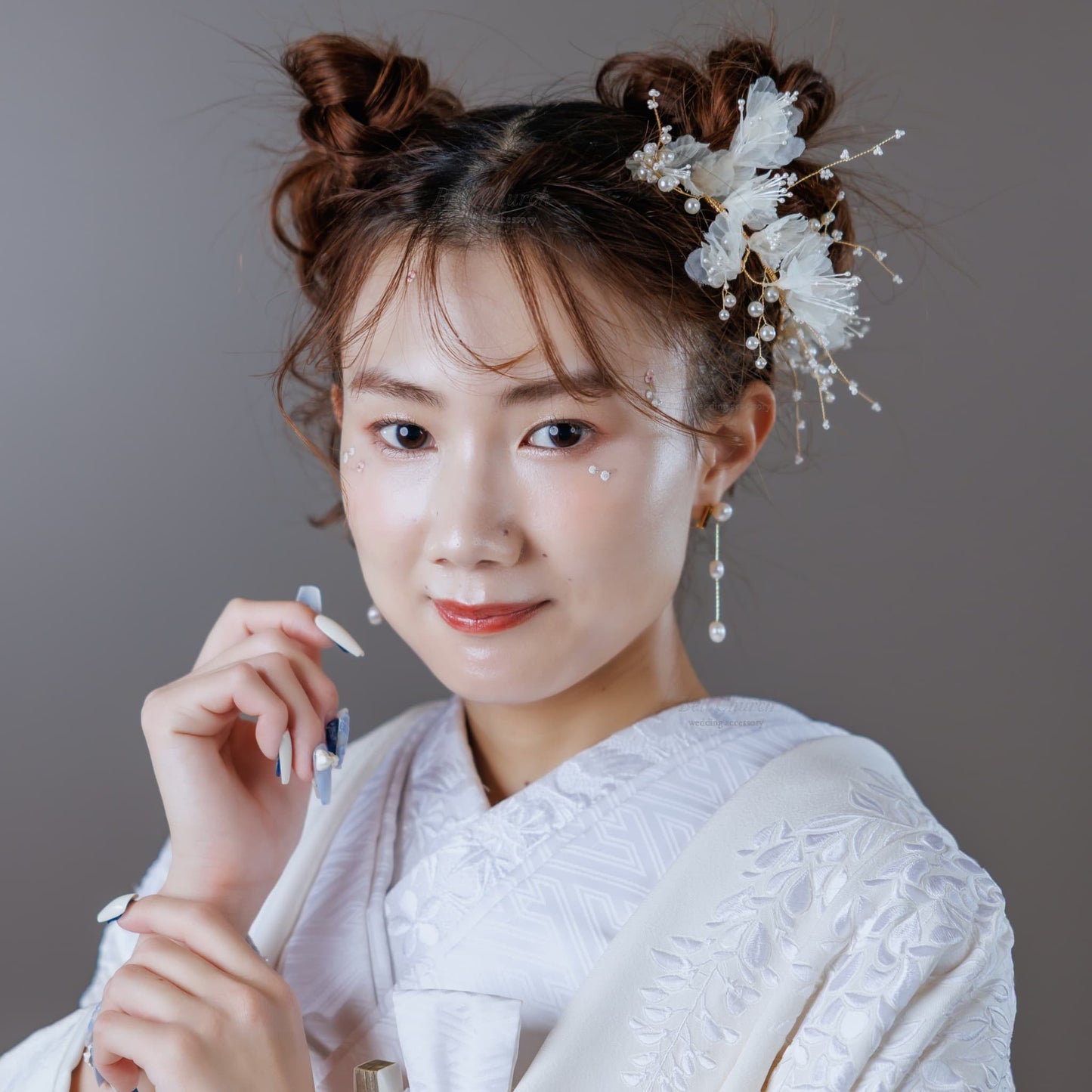 シフォンフラワー パール ヘアアクセサリー｜ホワイト ゴールド (BC-H43)｜ブライダルアクセサリー【結婚式　アクセサリー　ヘッドドレス　ヘアアクセサリー】