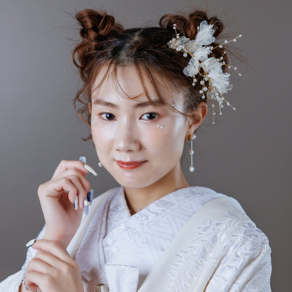 シフォンフラワー パール ヘアアクセサリー｜ホワイト ゴールド (BC-H43)｜ブライダルアクセサリー【結婚式　アクセサリー　ヘッドドレス　ヘアアクセサリー】