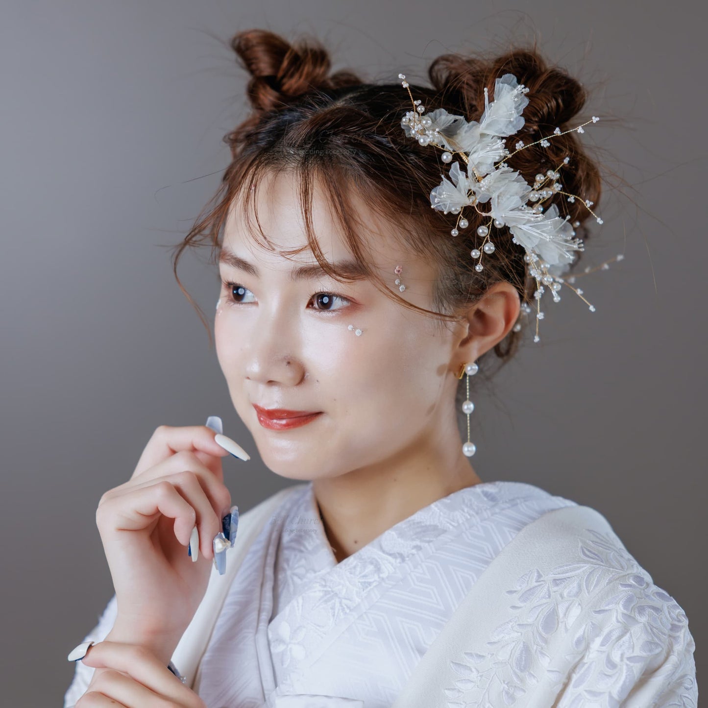 シフォンフラワー パール ヘアアクセサリー｜ホワイト ゴールド (BC-H43)｜ブライダルアクセサリー【結婚式　アクセサリー　ヘッドドレス　ヘアアクセサリー】