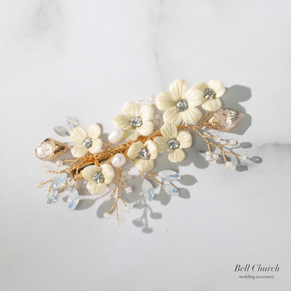 ヘッドピース　3点セット | 小枝アクセサリー | お花モチーフ | ゴールド×ホワイト | (BC-H46)【結婚式　アクセサリー　ヘッドドレス　ヘアアクセサリー】