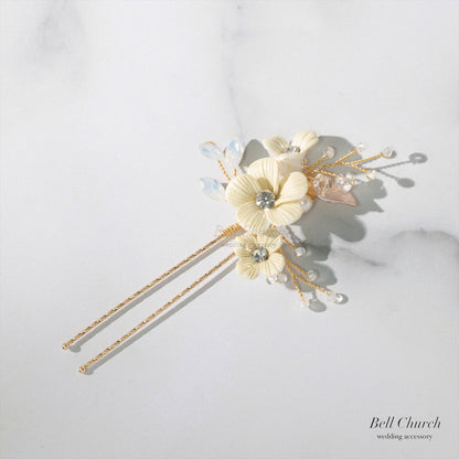 ヘッドピース　3点セット | 小枝アクセサリー | お花モチーフ | ゴールド×ホワイト | (BC-H46)【結婚式　アクセサリー　ヘッドドレス　ヘアアクセサリー】