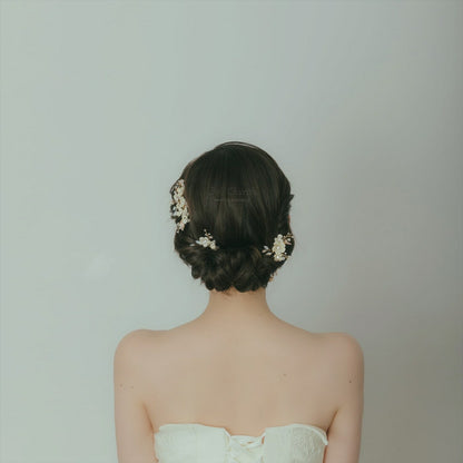 ヘッドピース　3点セット | 小枝アクセサリー | お花モチーフ | ゴールド×ホワイト | (BC-H46)【結婚式　アクセサリー　ヘッドドレス　ヘアアクセサリー】