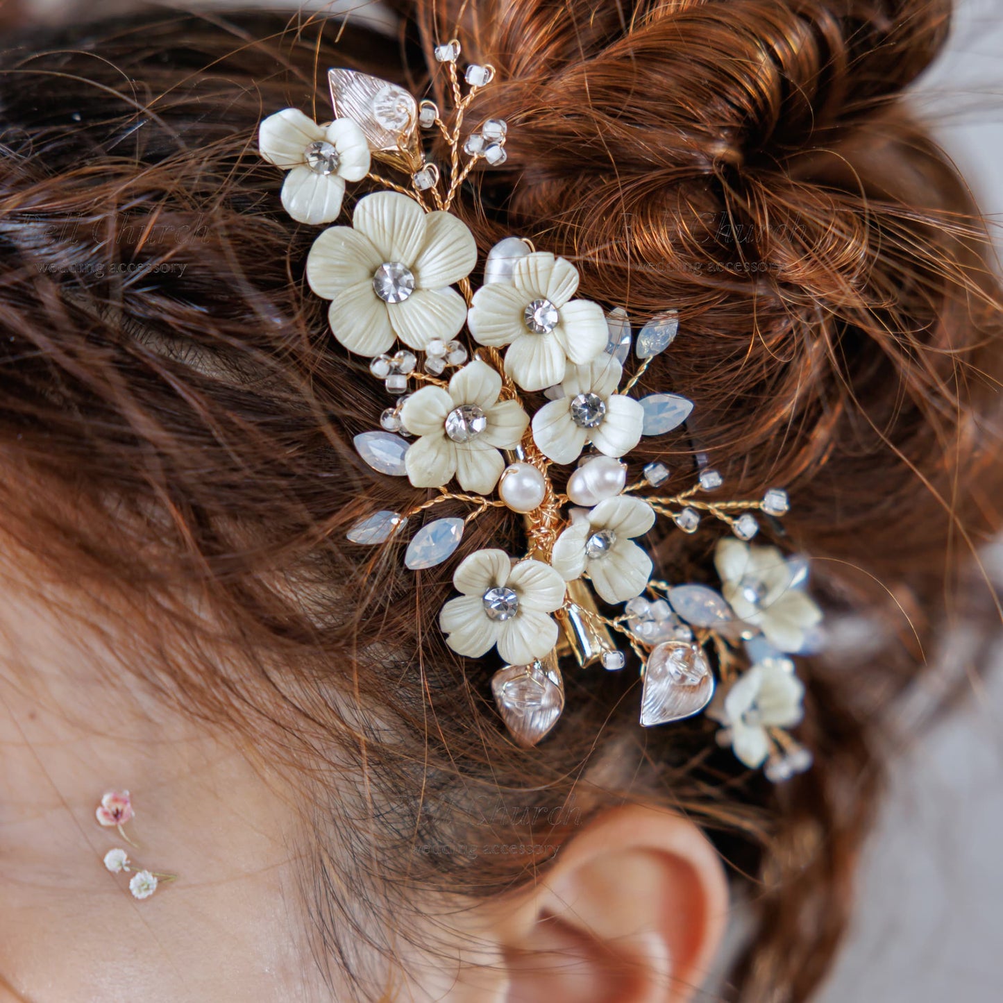 ヘッドピース　3点セット | 小枝アクセサリー | お花モチーフ | ゴールド×ホワイト | (BC-H46)【結婚式　アクセサリー　ヘッドドレス　ヘアアクセサリー】