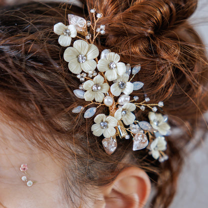 ヘッドピース　3点セット | 小枝アクセサリー | お花モチーフ | ゴールド×ホワイト | (BC-H46)【結婚式　アクセサリー　ヘッドドレス　ヘアアクセサリー】