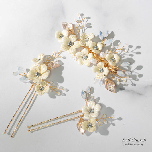 ヘッドピース　3点セット | 小枝アクセサリー | お花モチーフ | ゴールド×ホワイト | (BC-H46)【結婚式　アクセサリー　ヘッドドレス　ヘアアクセサリー】