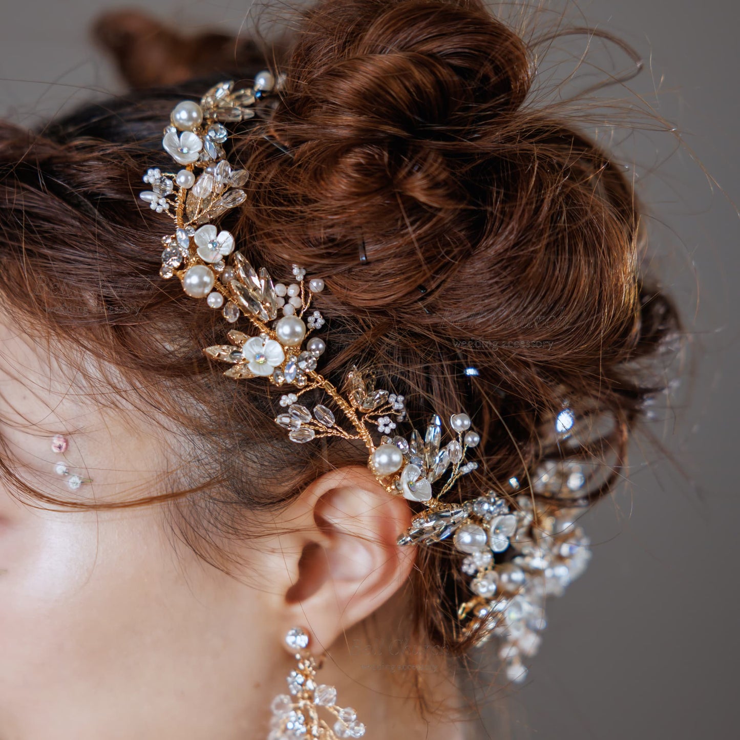 小枝ヘッドドレス | ビジュー　パール | お花モチーフ | ゴールド | (BC-H48)【結婚式　アクセサリー　ヘッドドレス　ヘアアクセサリー】