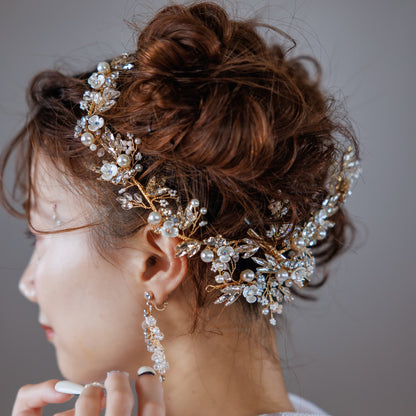 小枝ヘッドドレス | ビジュー　パール | お花モチーフ | ゴールド | (BC-H48)【結婚式　アクセサリー　ヘッドドレス　ヘアアクセサリー】