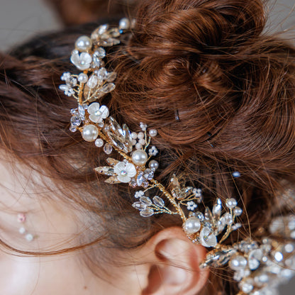 小枝ヘッドドレス | ビジュー　パール | お花モチーフ | ゴールド | (BC-H48)【結婚式　アクセサリー　ヘッドドレス　ヘアアクセサリー】