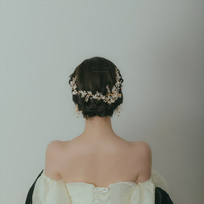 小枝ヘッドドレス | ビジュー　パール | お花モチーフ | ゴールド | (BC-H48)【結婚式　アクセサリー　ヘッドドレス　ヘアアクセサリー】