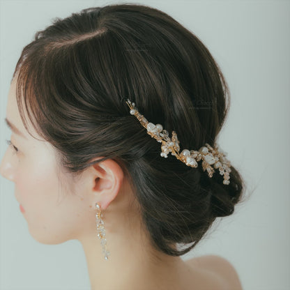 小枝ヘッドドレス | ビジュー　パール | お花モチーフ | ゴールド | (BC-H48)【結婚式　アクセサリー　ヘッドドレス　ヘアアクセサリー】